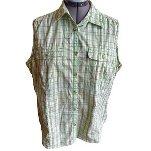 Columbia Green Plaid Sleeveless Button Up Hiking Outdoors Utility Camp Shirt
